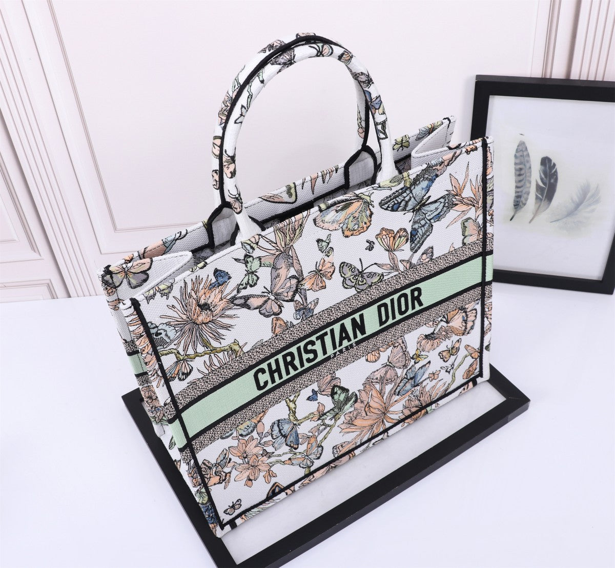 Christian Dior Large Book Tote - White & Green Butterfly Embroidered Canvas