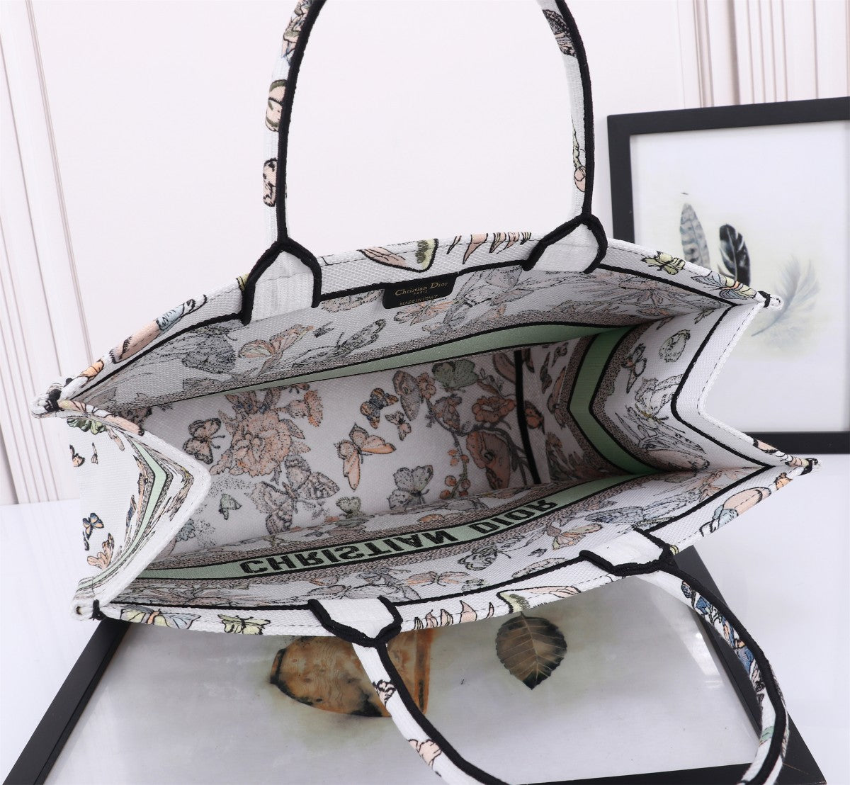Christian Dior Large Book Tote - White & Green Butterfly Embroidered Canvas