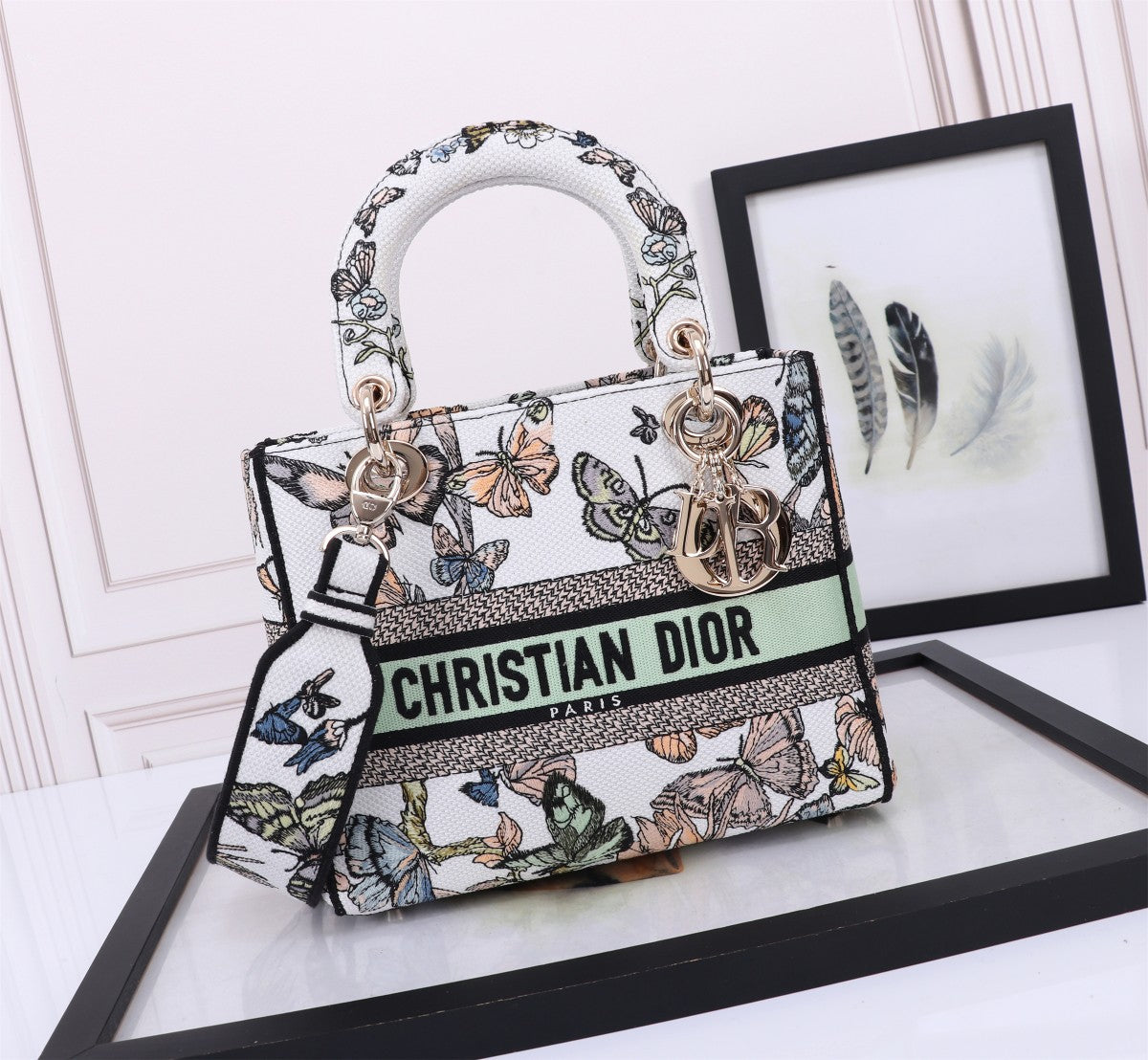 Christian Dior Lady D-Lite Bag with Butterfly Embroidery - White and Multicolor Handbag