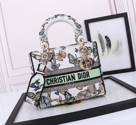 Christian Dior Lady D-Lite Bag with Butterfly Embroidery - White and Multicolor Handbag