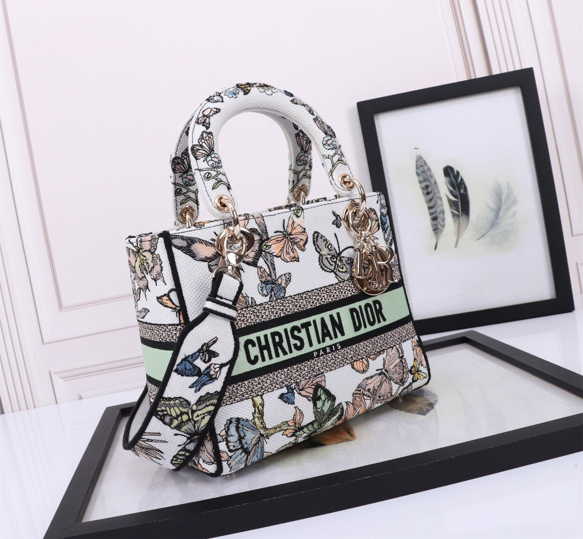 Christian Dior Lady D-Lite Bag with Butterfly Embroidery - White and Multicolor Handbag