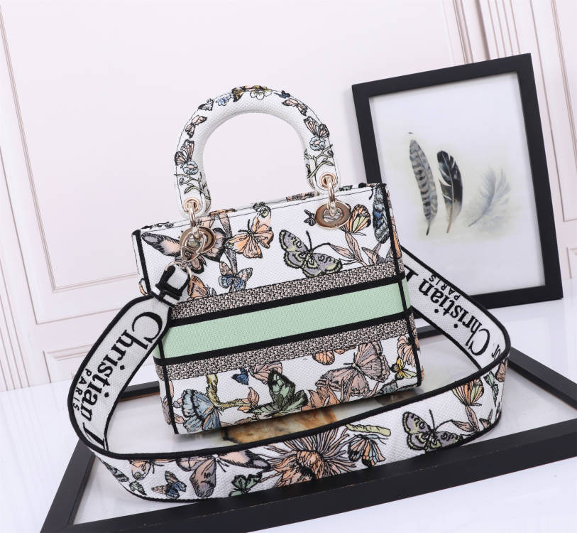 Christian Dior Lady D-Lite Bag with Butterfly Embroidery - White and Multicolor Handbag