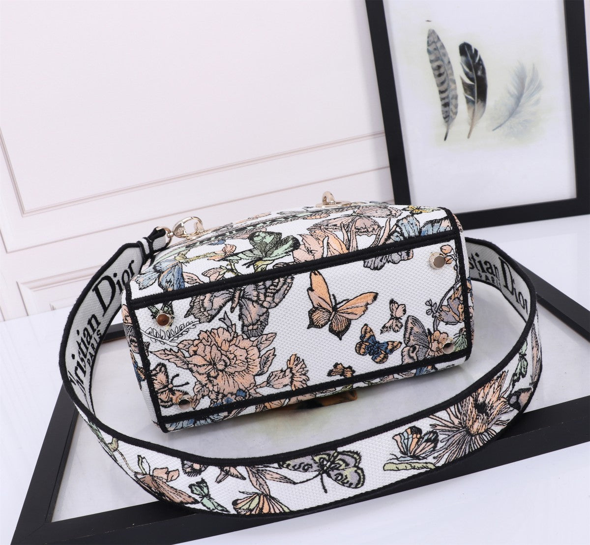 Christian Dior Lady D-Lite Medium Butterfly Embroidered Handbag - White/Multicolor