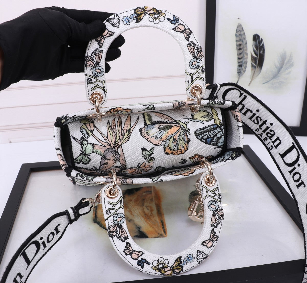 Christian Dior Lady D-Lite Medium Butterfly Embroidered Handbag - White/Multicolor