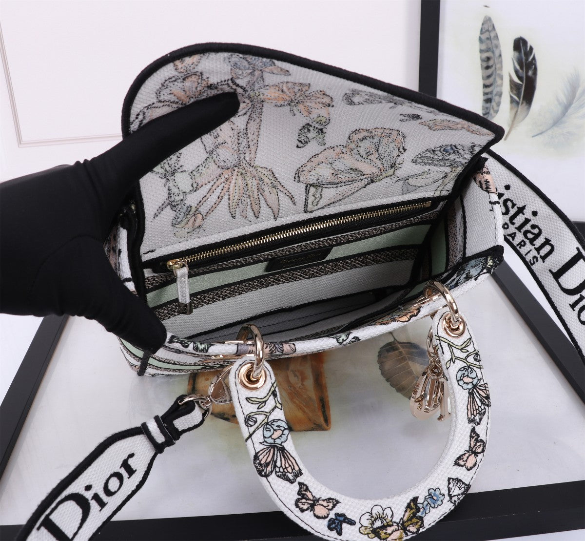 Christian Dior Lady D-Lite Medium Butterfly Embroidered Handbag - White/Multicolor