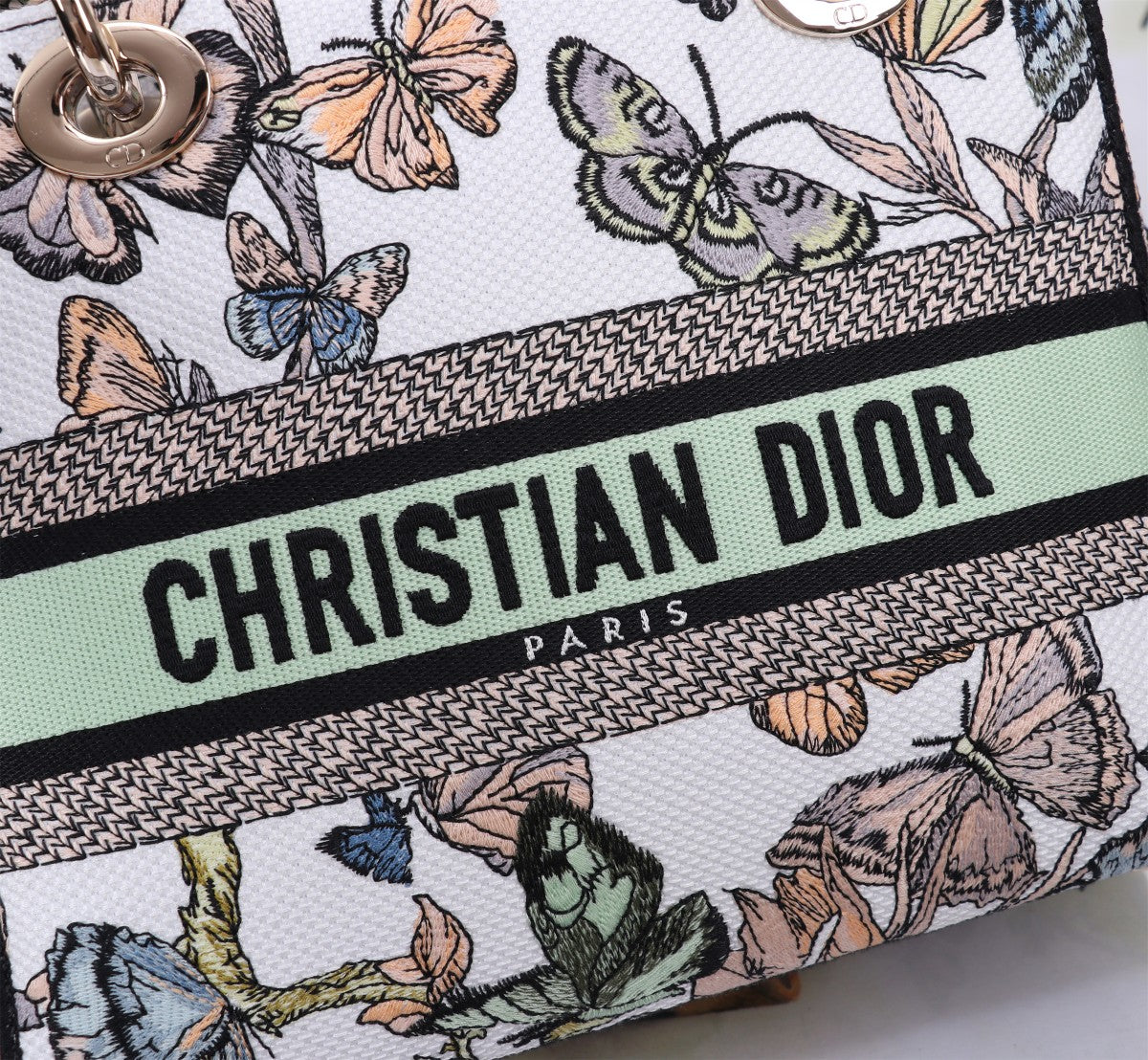 Christian Dior Lady D-Lite Bag with Butterfly Embroidery - White and Multicolor Handbag