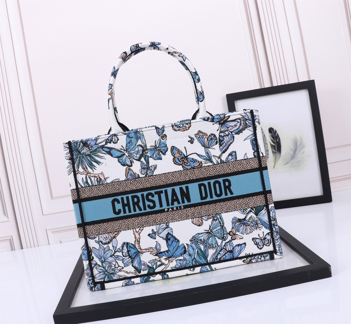 Christian Dior Blue Butterfly Embroidered Canvas Book Tote Bag
