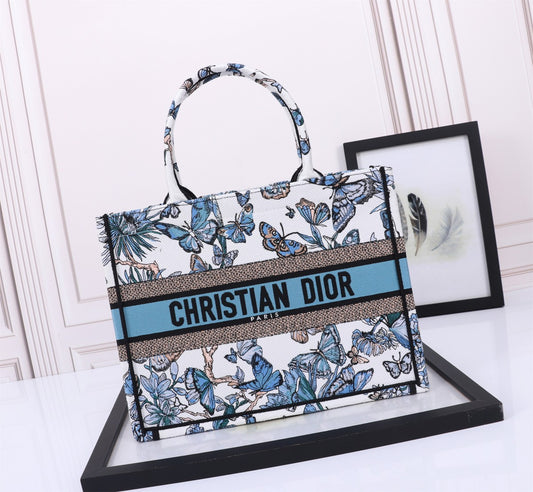Christian Dior Blue Butterfly Embroidered Canvas Book Tote Bag