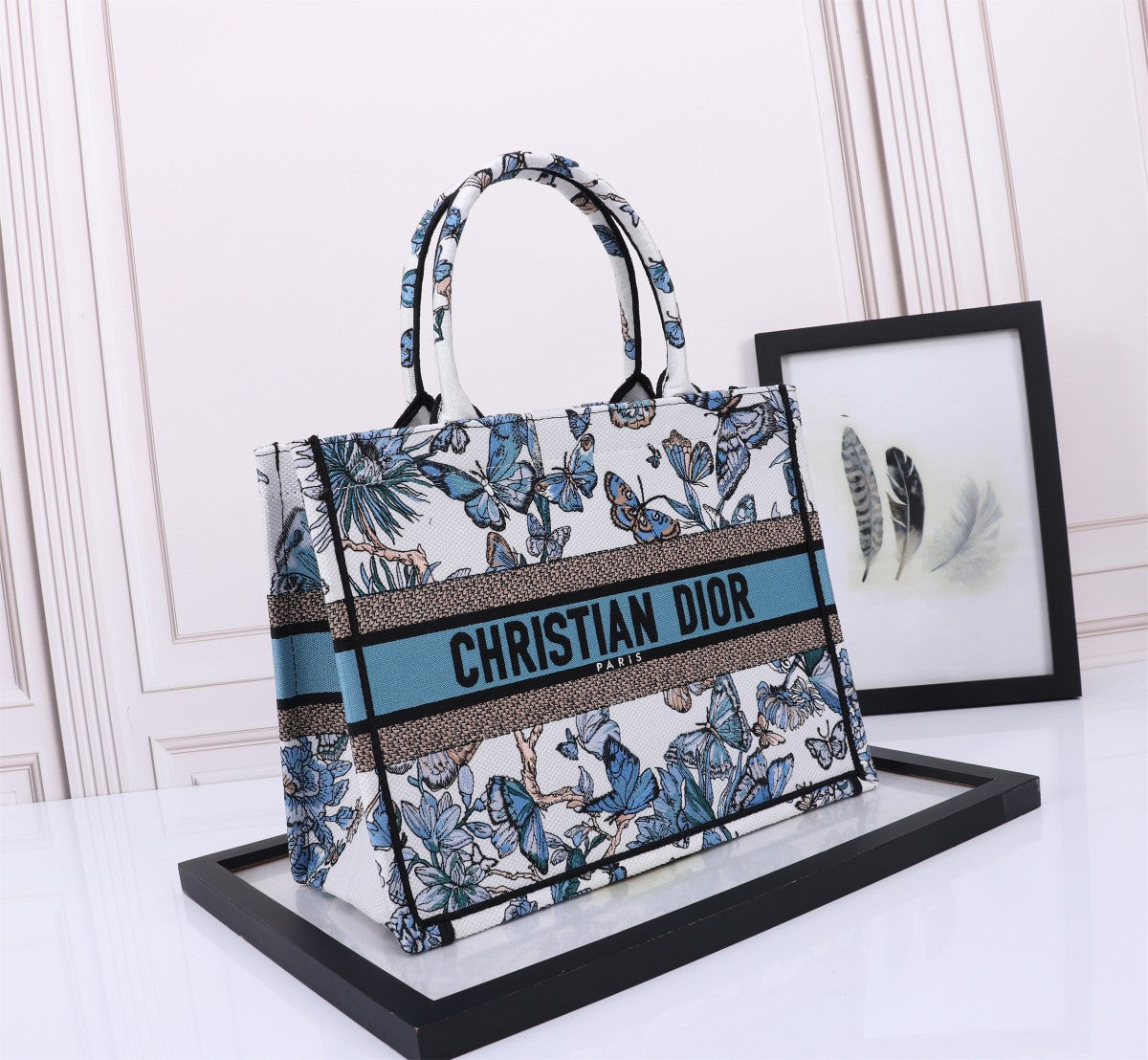 Christian Dior Blue Butterfly Embroidered Canvas Book Tote Bag
