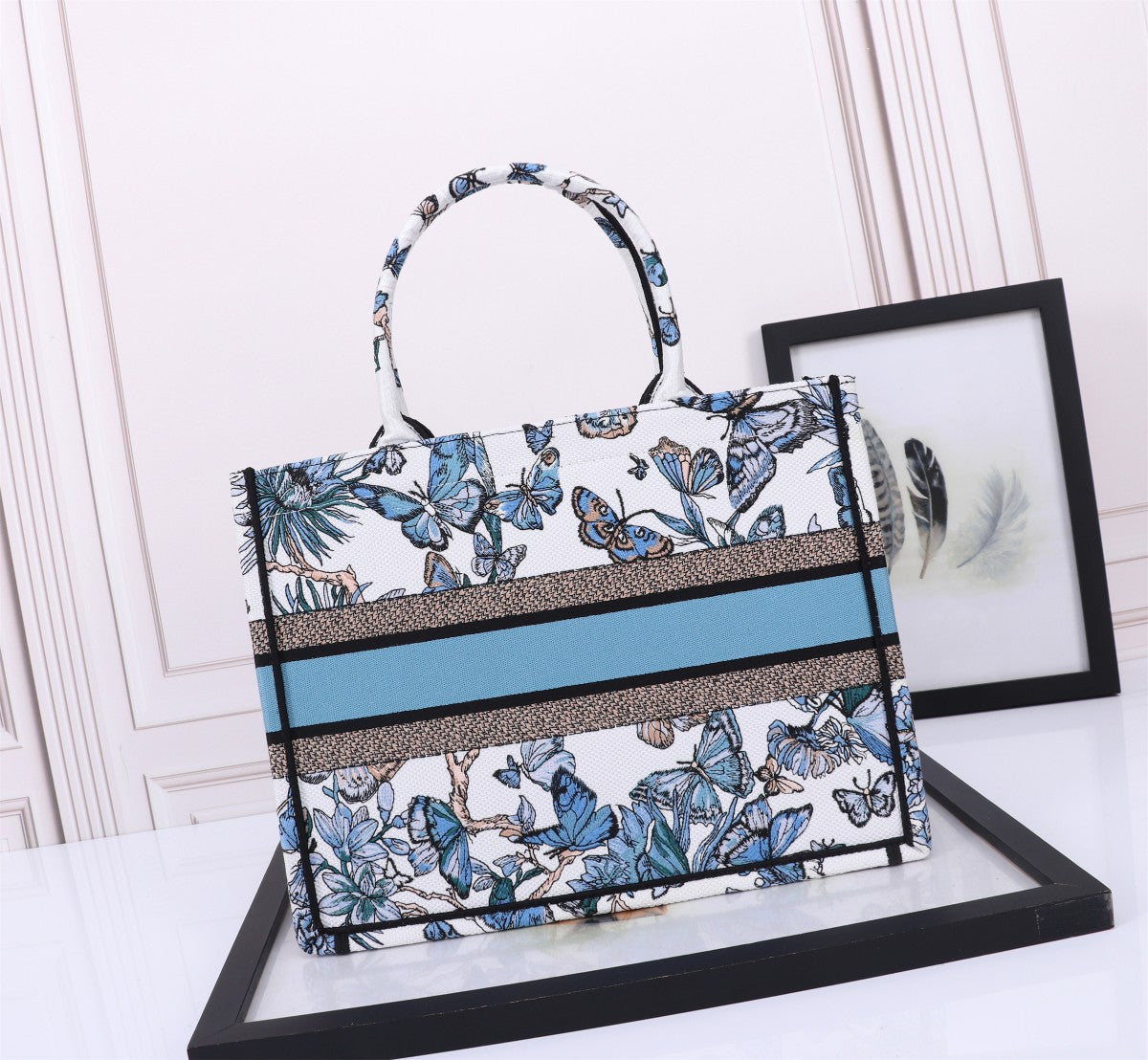 Christian Dior Medium Book Tote with Blue Butterfly Embroidery