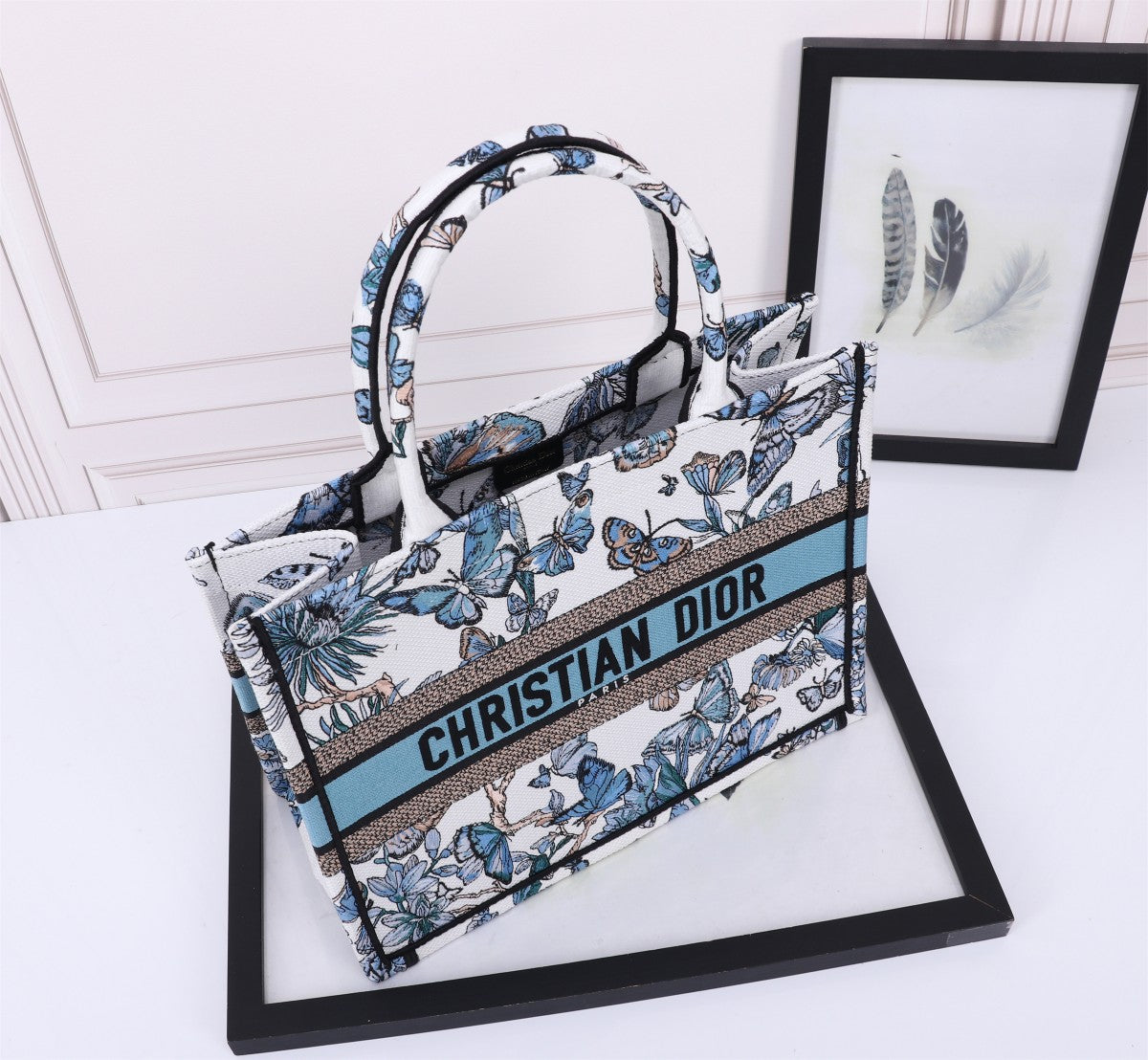 Christian Dior Blue Butterfly Embroidered Canvas Book Tote Bag