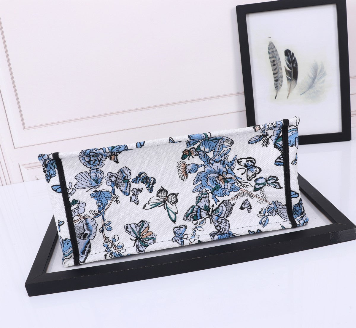 Christian Dior Blue Butterfly Embroidered Canvas Book Tote Bag