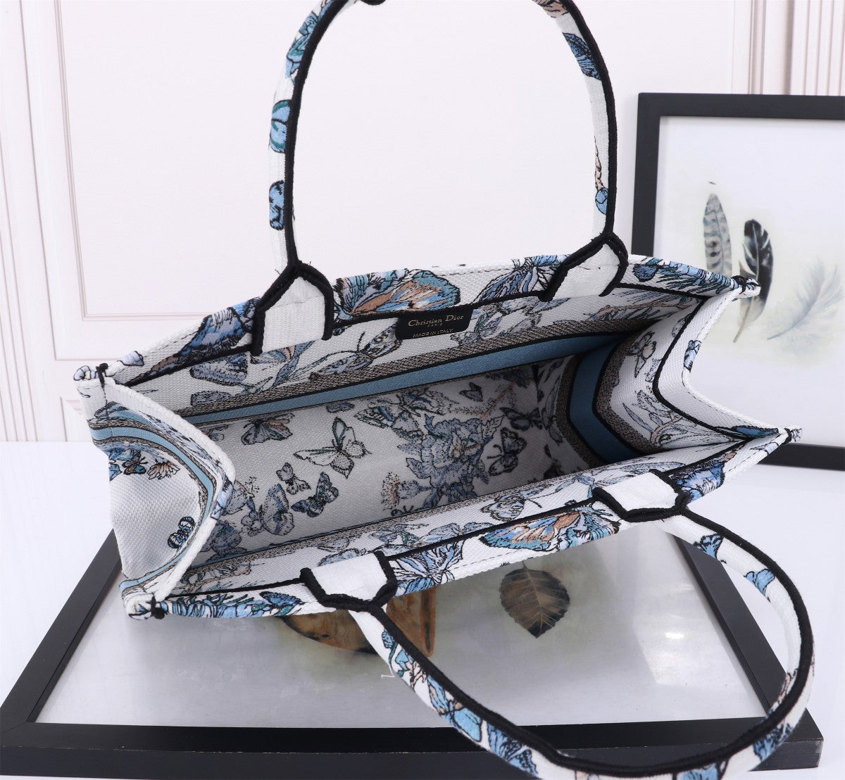Christian Dior Medium Book Tote with Blue Butterfly Embroidery