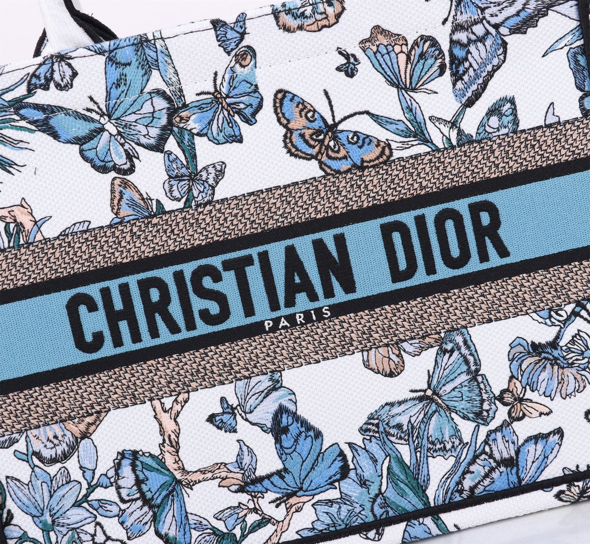 Christian Dior Medium Book Tote with Blue Butterfly Embroidery