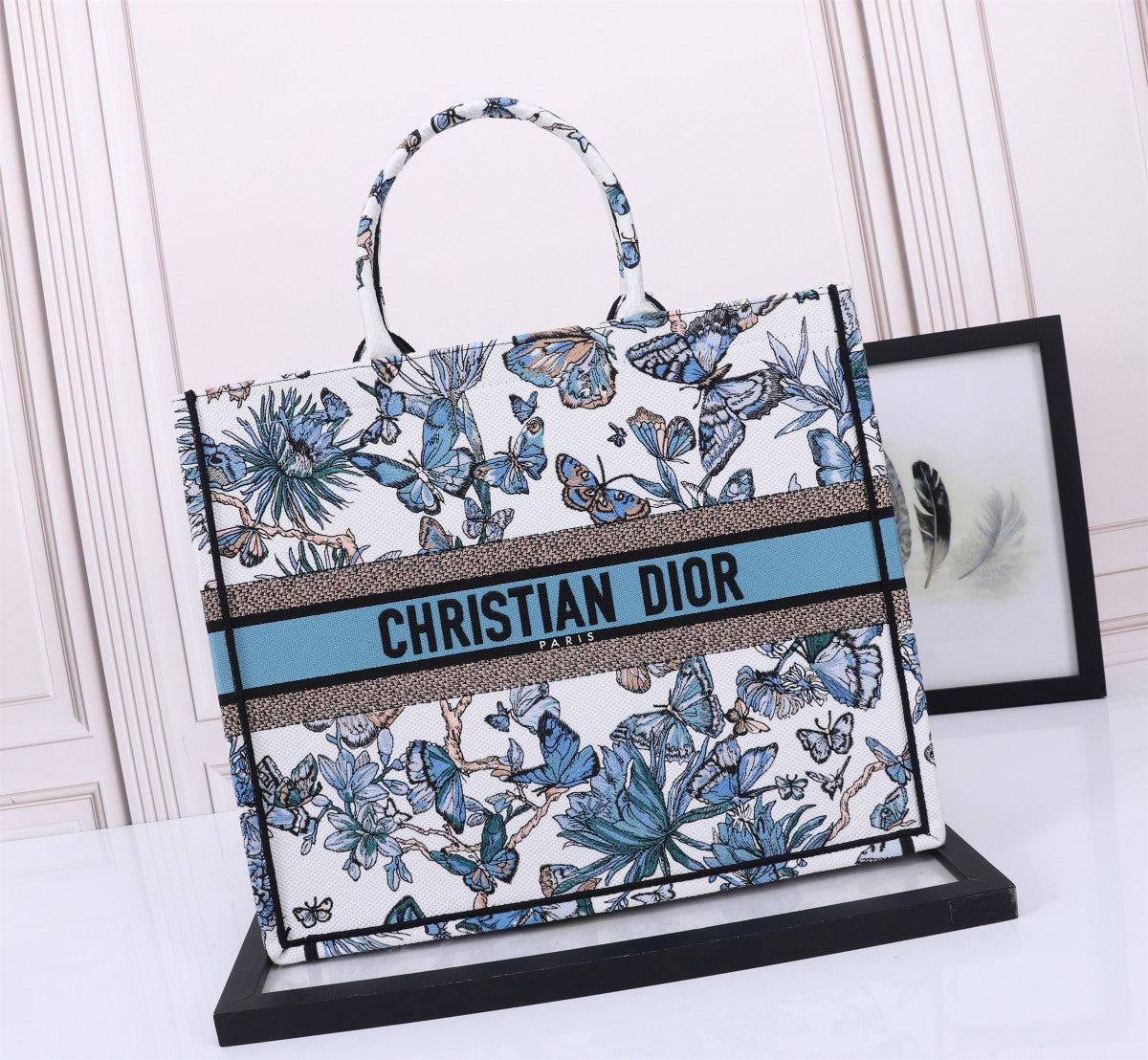 Christian Dior Blue Butterfly Embroidered Book Tote Bag
