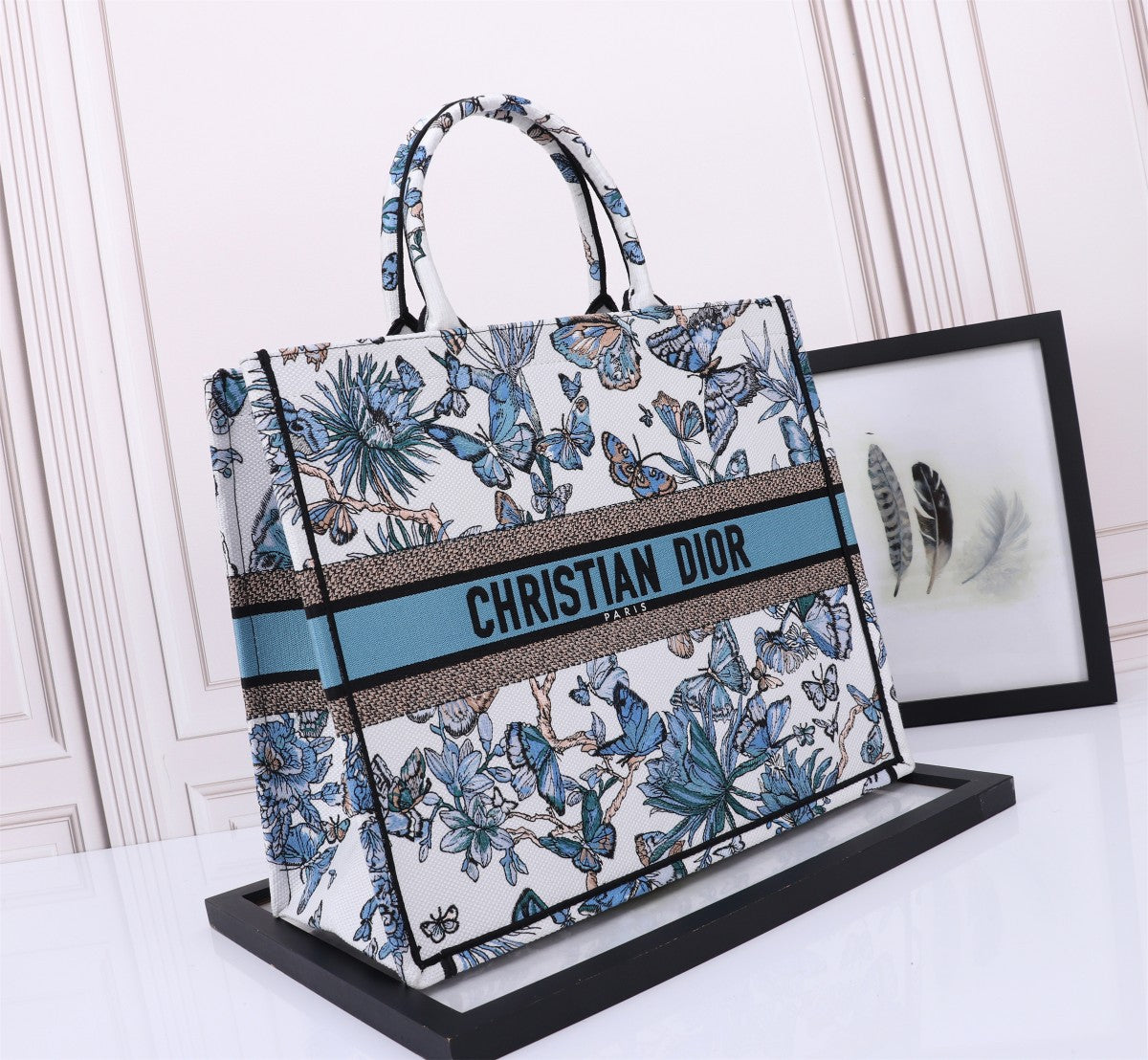 Christian Dior Book Tote with Blue Butterfly Embroidery
