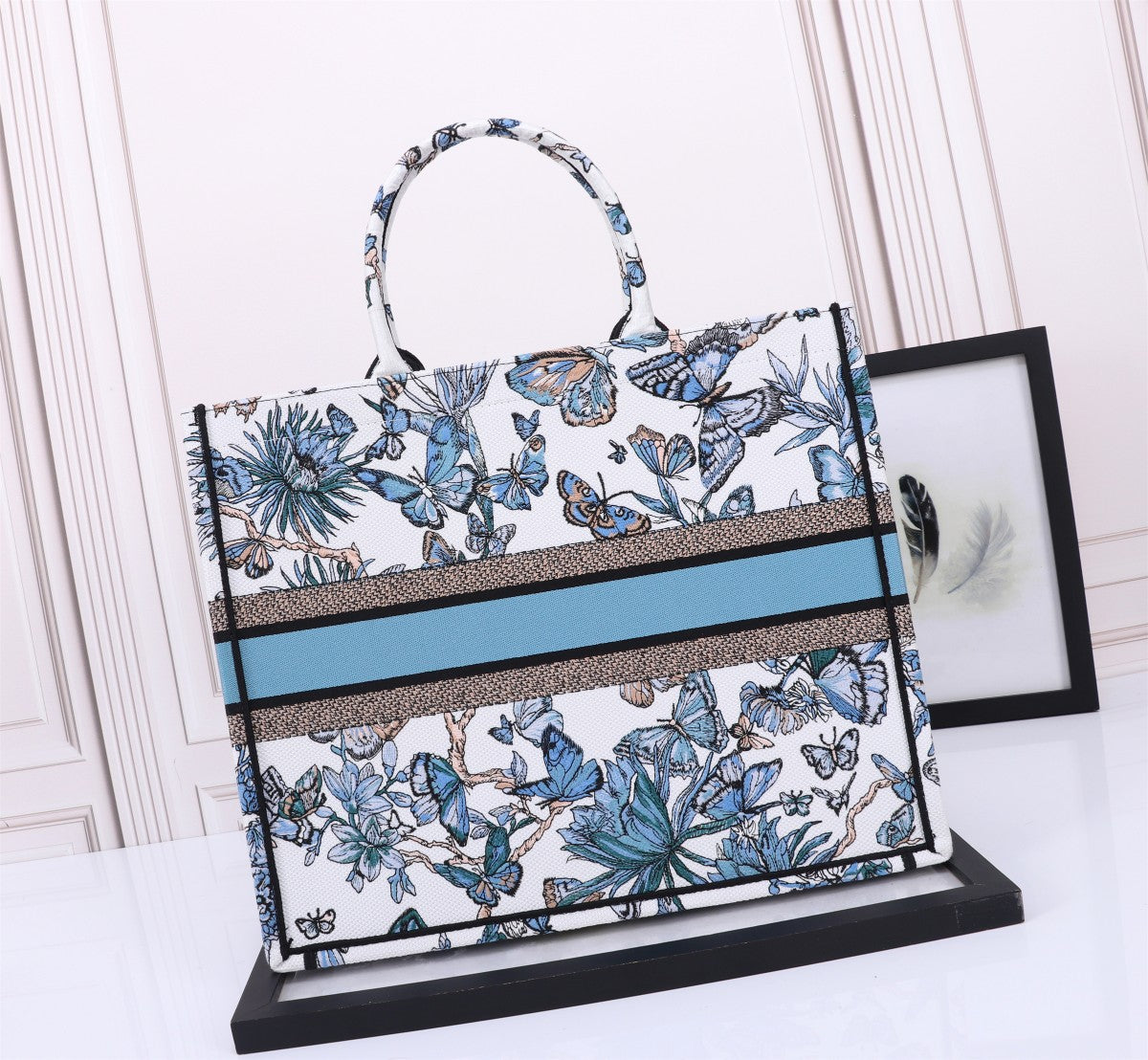 Christian Dior Blue Butterfly Embroidered Book Tote Bag