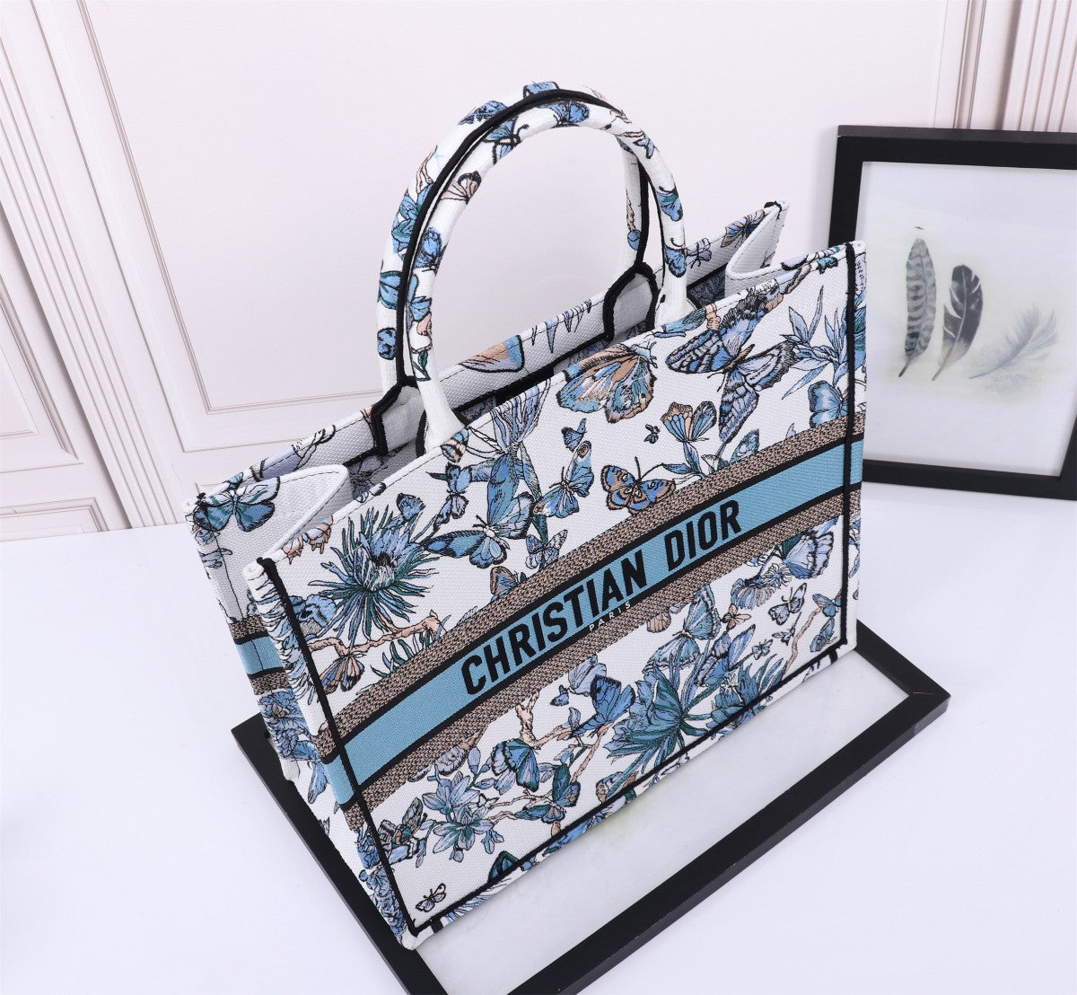 Christian Dior Book Tote with Blue Butterfly Embroidery