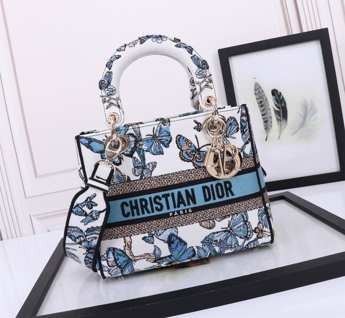 Christian Dior Lady D-Lite Bag White and Blue Butterfly Embroidered Handbag