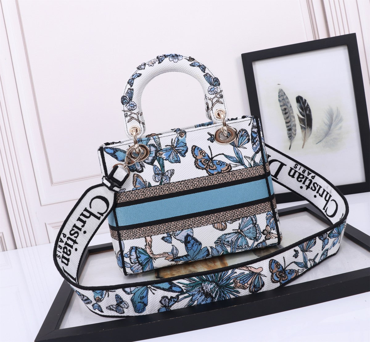 Christian Dior Lady D-Lite Medium Bag - White and Blue Butterfly Motif