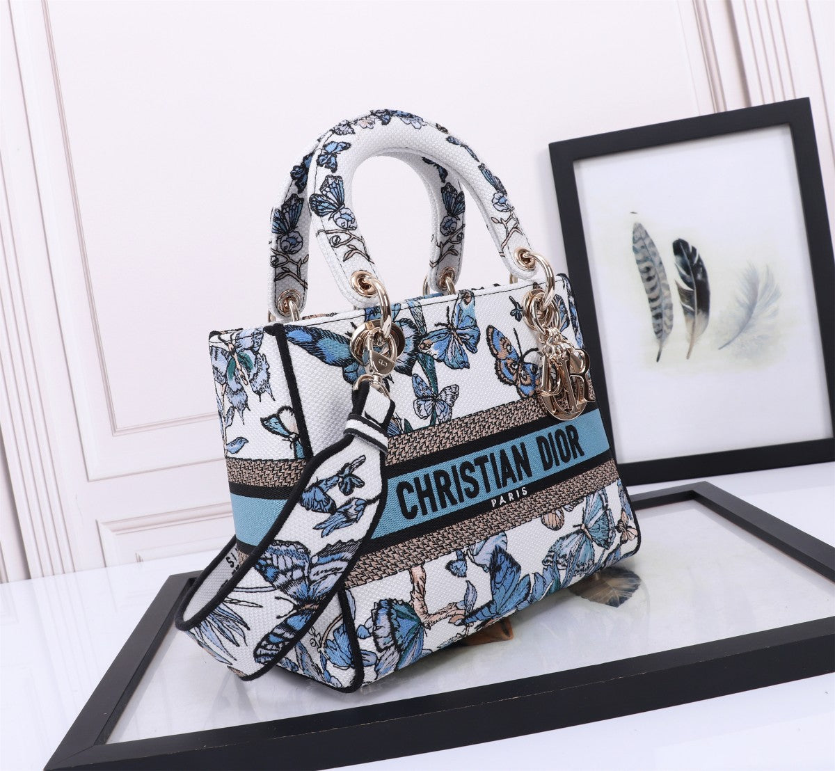Christian Dior Lady D-Lite Medium Bag - White and Blue Butterfly Motif