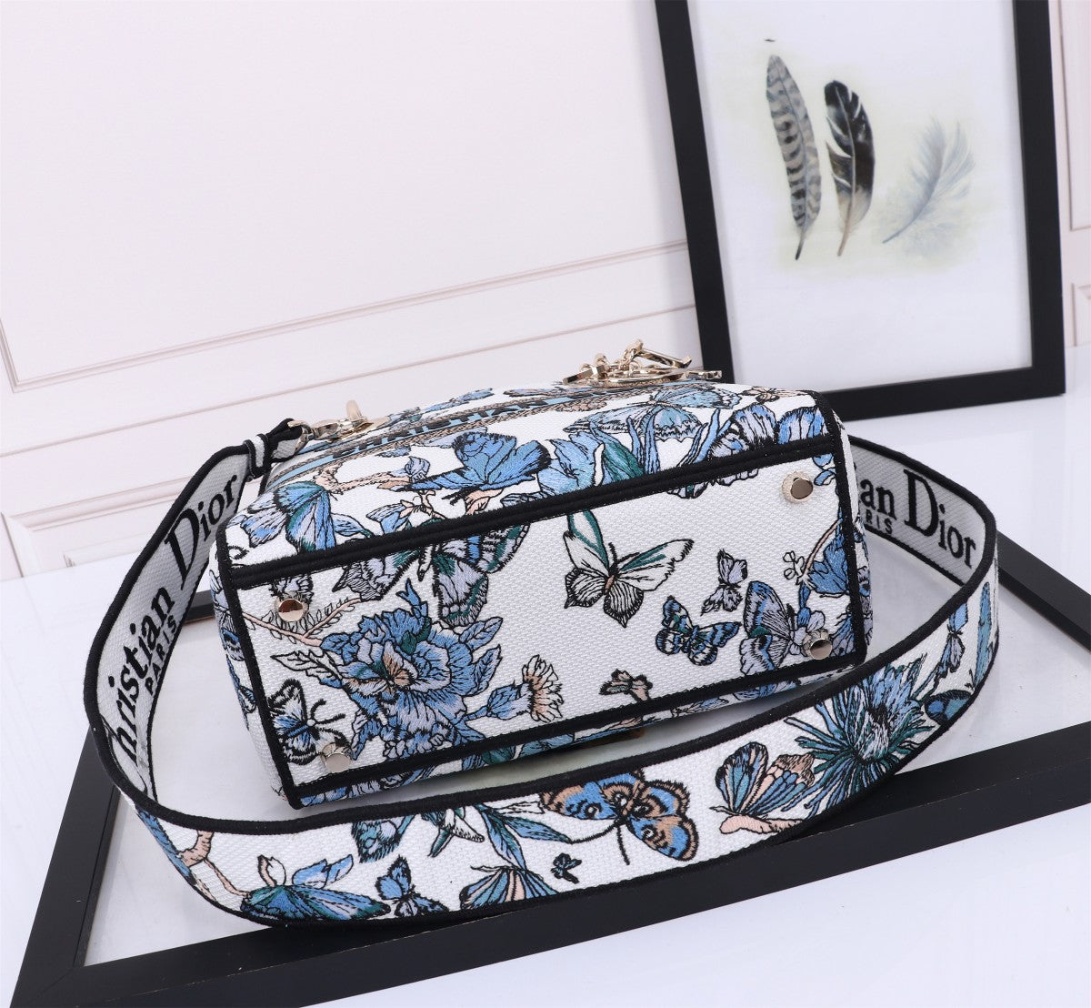 Dior Elegant Blue Butterfly Print Canvas Handbag with Shoulder Strap