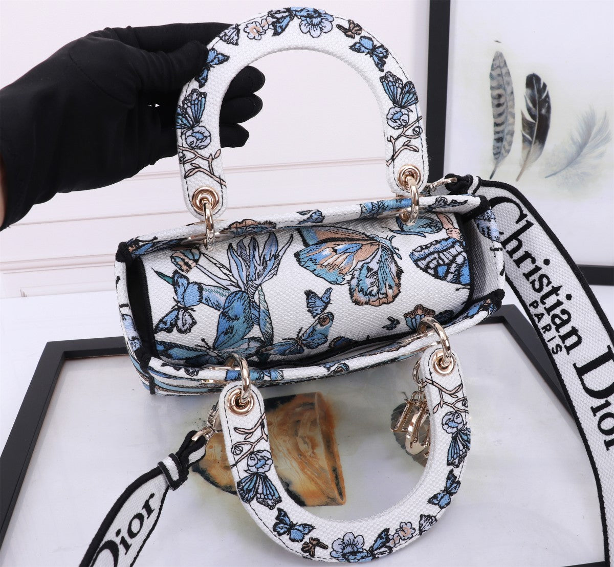 Christian Dior Lady D-Lite Medium Bag - White and Blue Butterfly Motif