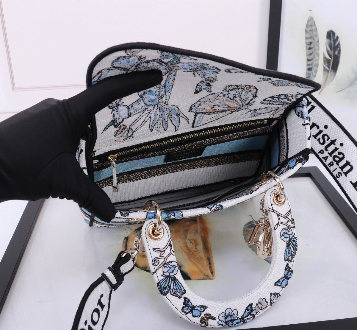 Christian Dior Lady D-Lite Bag White and Blue Butterfly Embroidered Handbag