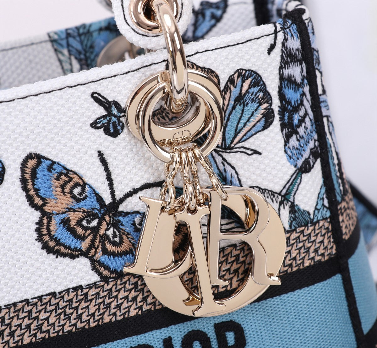 Christian Dior Lady D-Lite Bag White and Blue Butterfly Embroidered Handbag