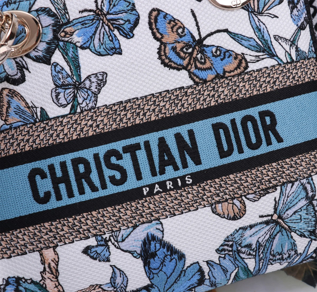 Christian Dior Lady D-Lite Bag White and Blue Butterfly Embroidered Handbag