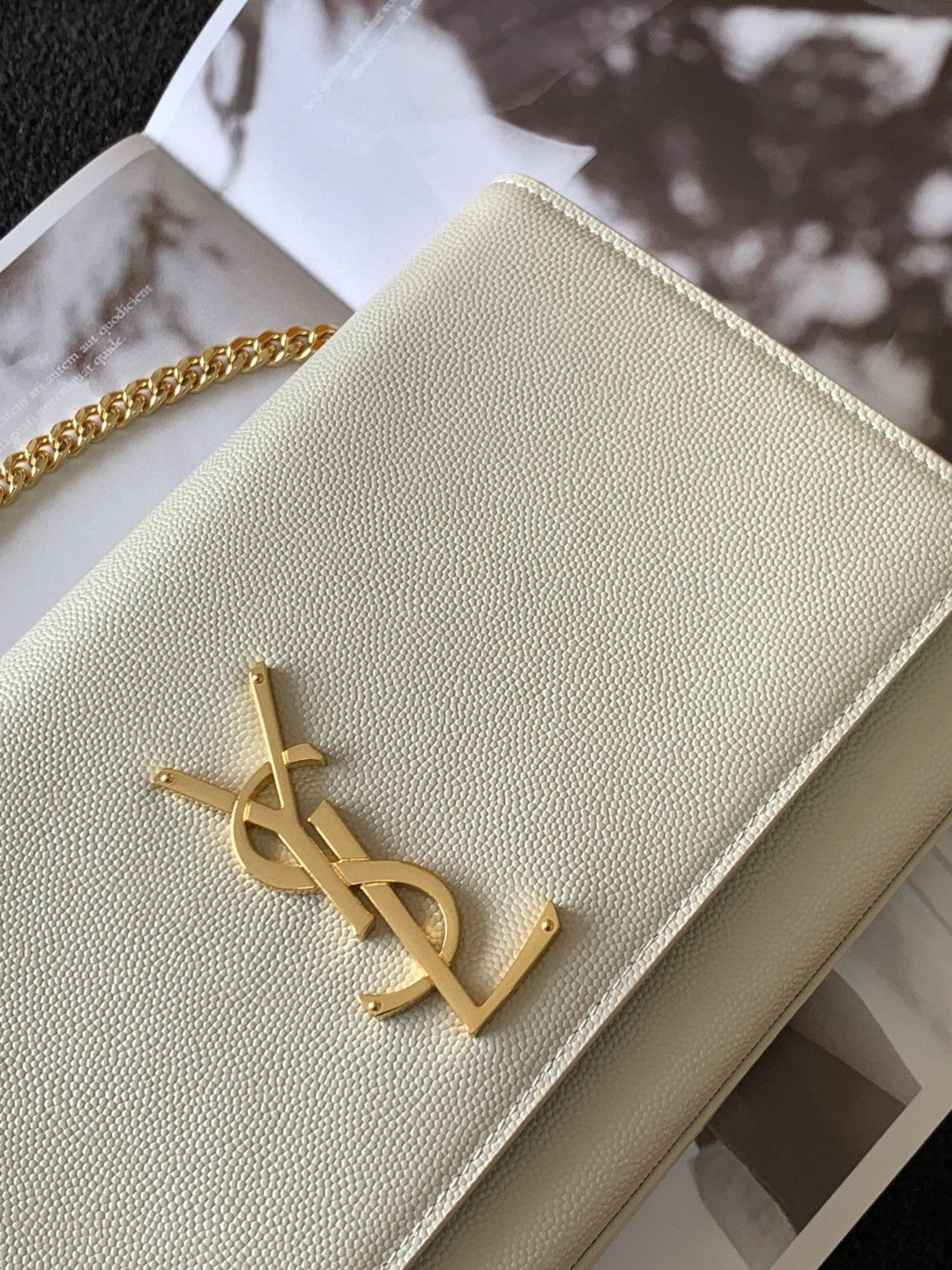 Saint Laurent (YSL) White Leather Chain Wallet Crossbody Bag with Gold Hardware
