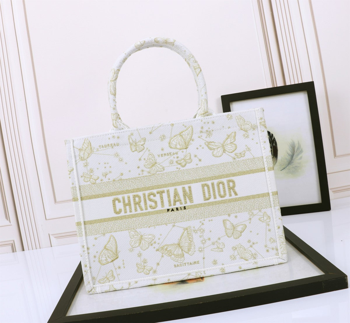 Christian Dior Medium Book Tote - White and Gold Butterfly Embroidery