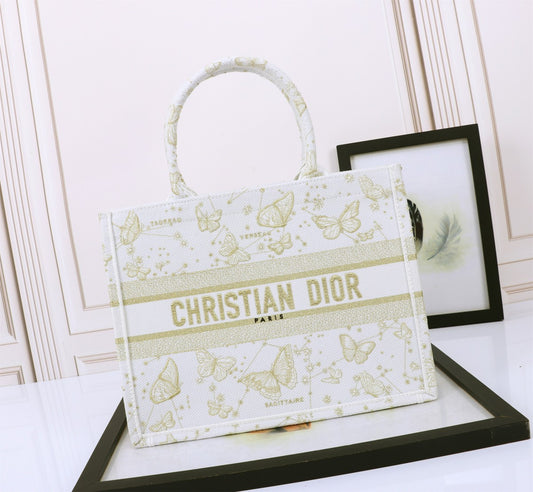 Christian Dior Medium Book Tote - White and Gold Butterfly Around the World Embroidery
