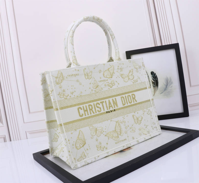 Christian Dior Medium Book Tote - White and Gold Butterfly Around the World Embroidery
