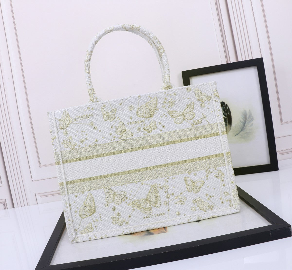 Christian Dior Medium Book Tote - White and Gold Butterfly Embroidery