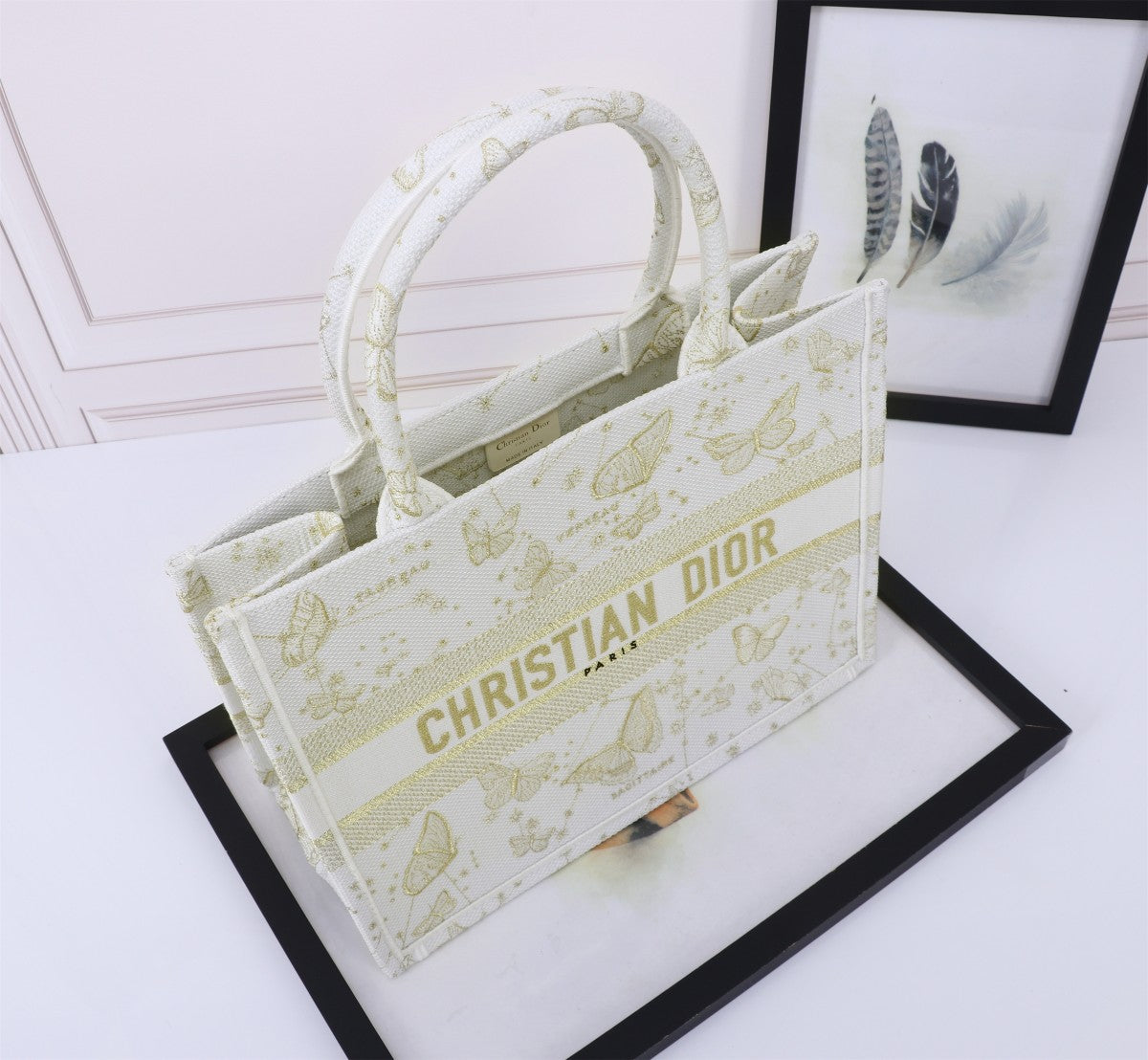 Christian Dior Medium Book Tote - White and Gold Butterfly Embroidery