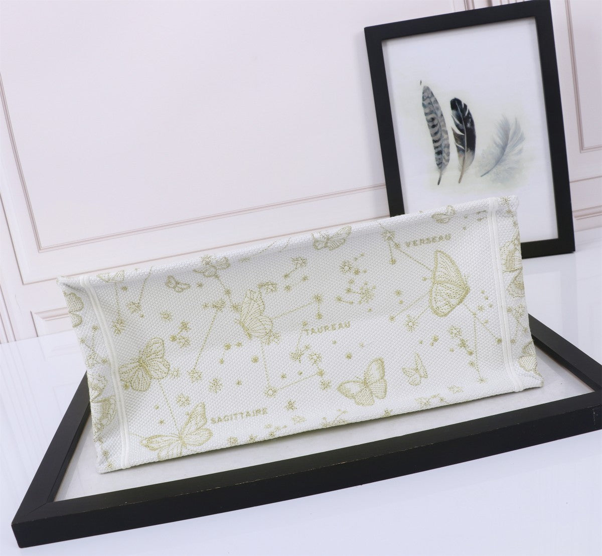 Christian Dior Medium Book Tote - White and Gold Butterfly Around the World Embroidery