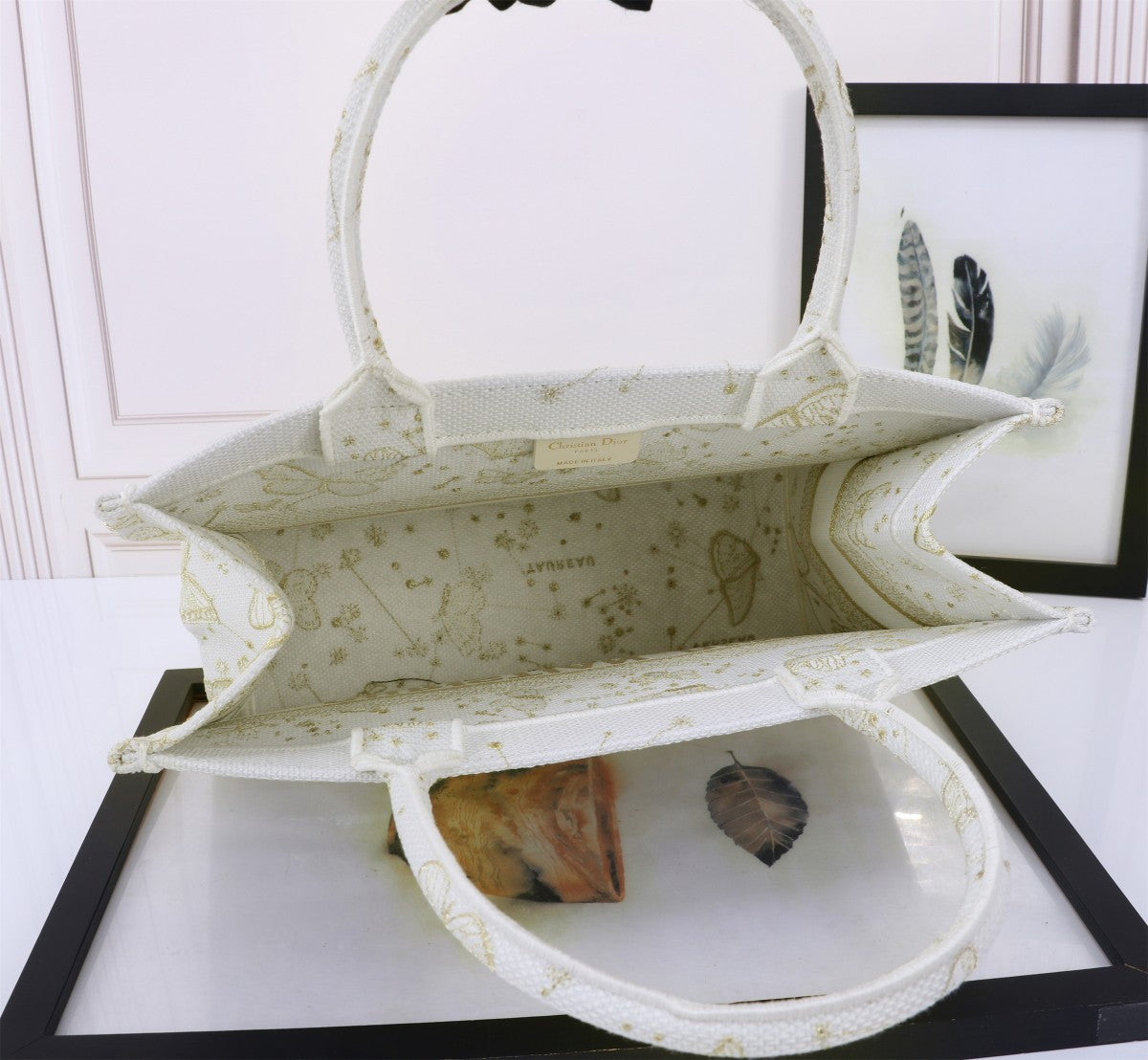 Christian Dior Medium Book Tote - White and Gold Butterfly Around the World Embroidery