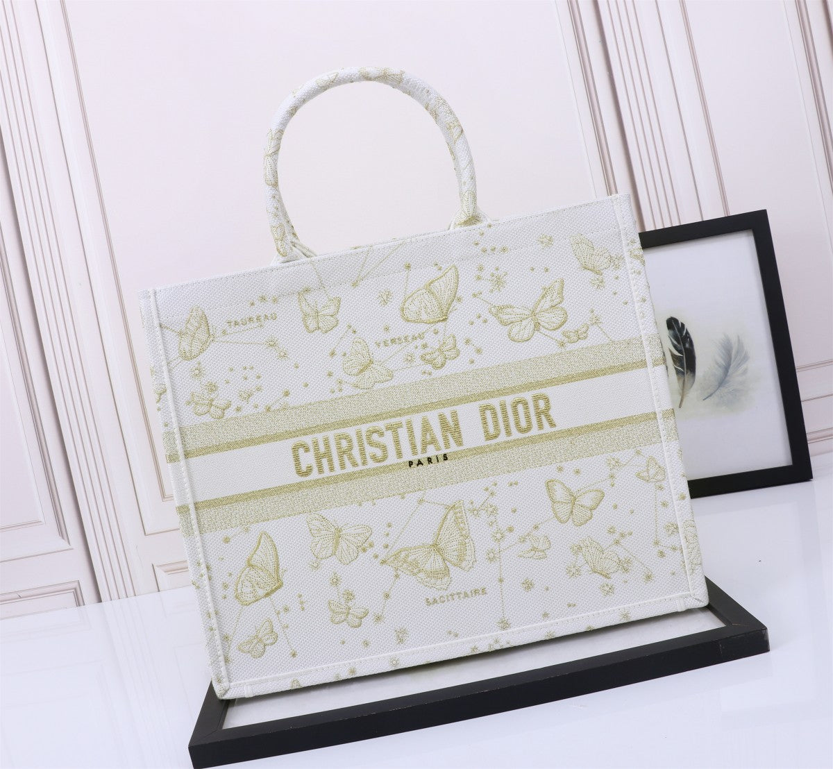 Christian Dior Medium Book Tote - White and Gold Butterfly Embroidery