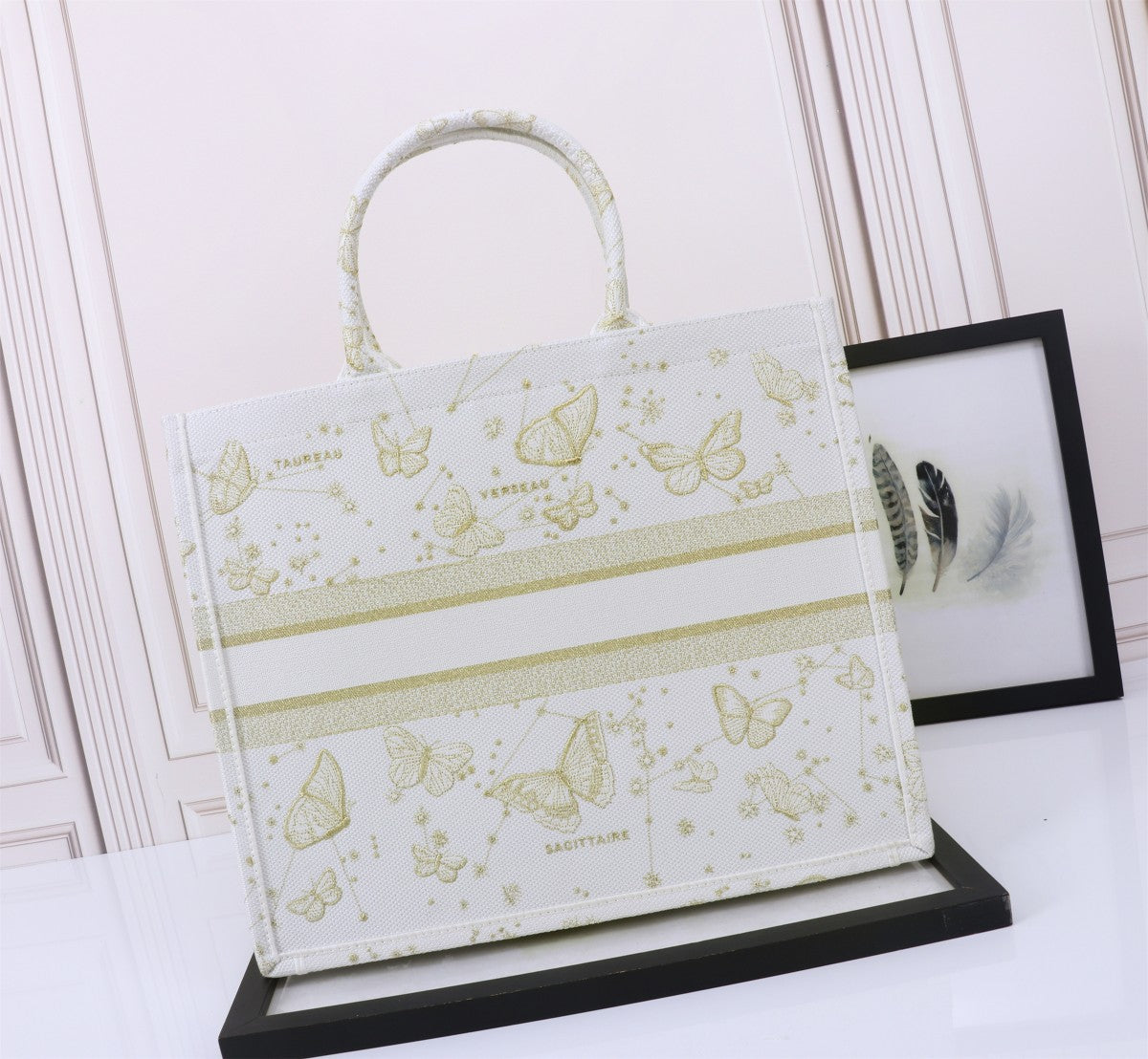 Christian Dior Medium Book Tote - White and Gold Butterfly Embroidery