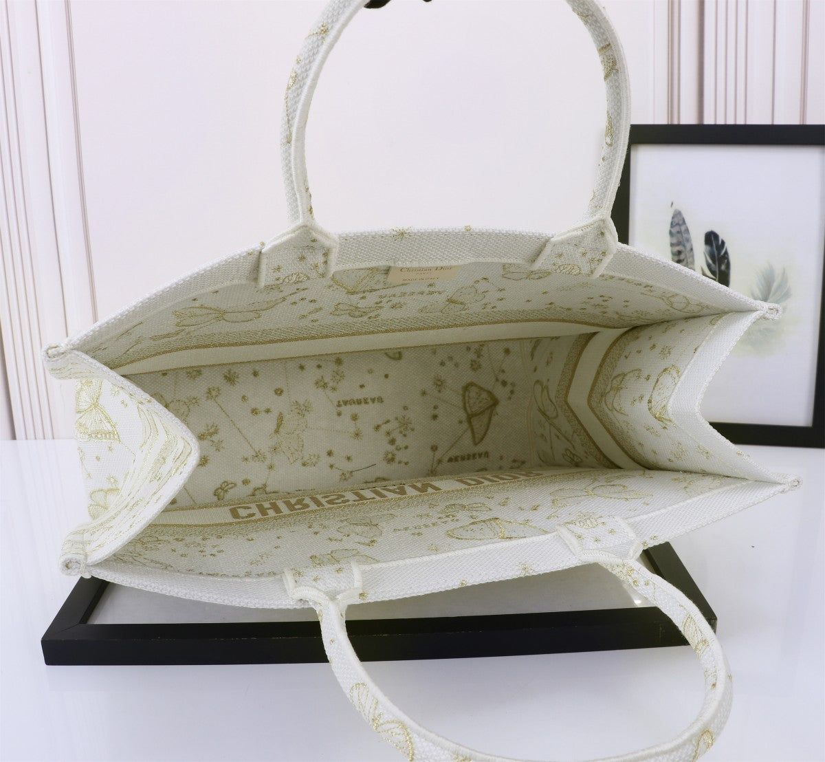 Christian Dior Medium Book Tote - White and Gold Butterfly Embroidery