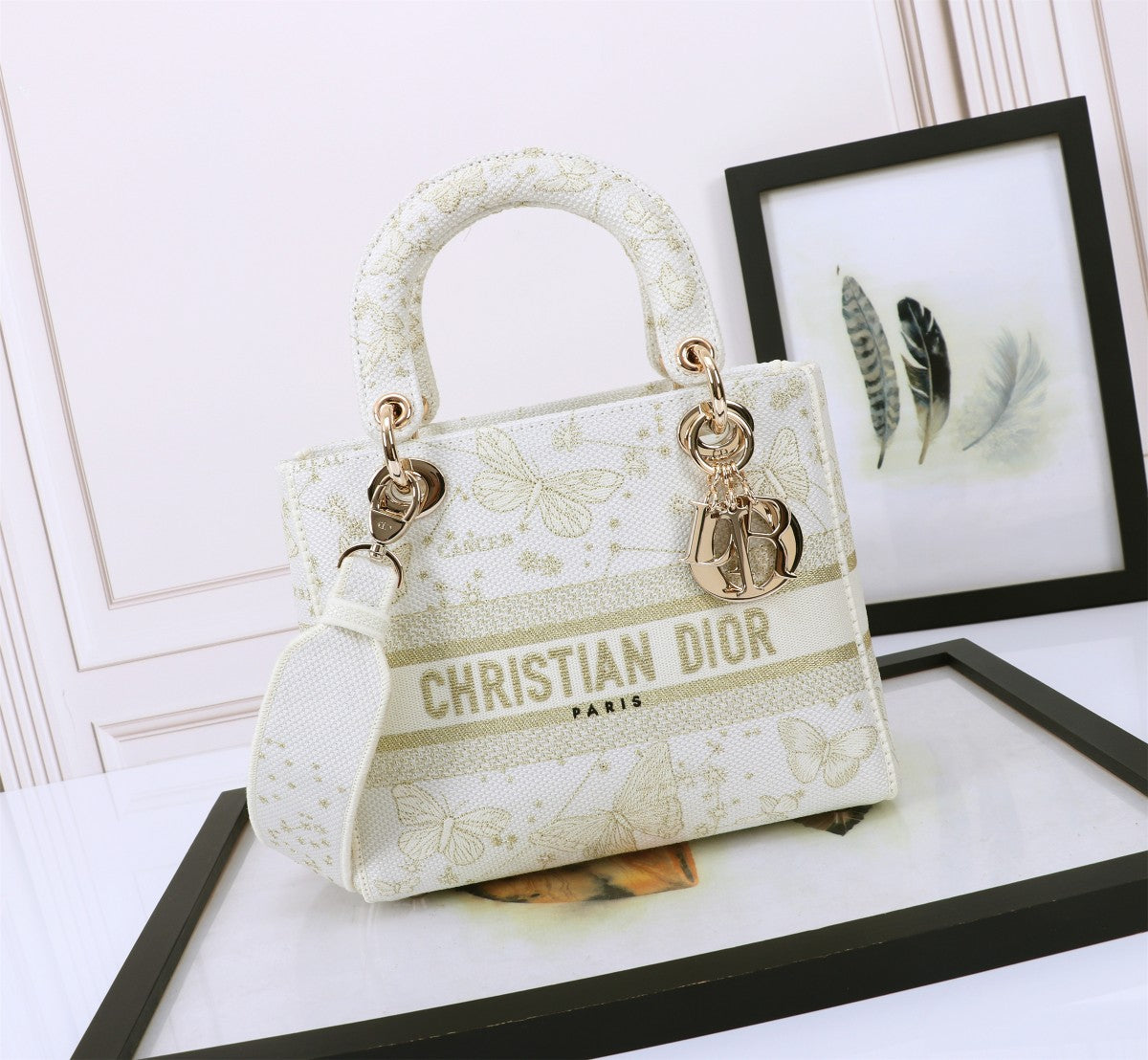 Lady Dior Style Embroidered Handbag - White with Gold Butterfly Pattern