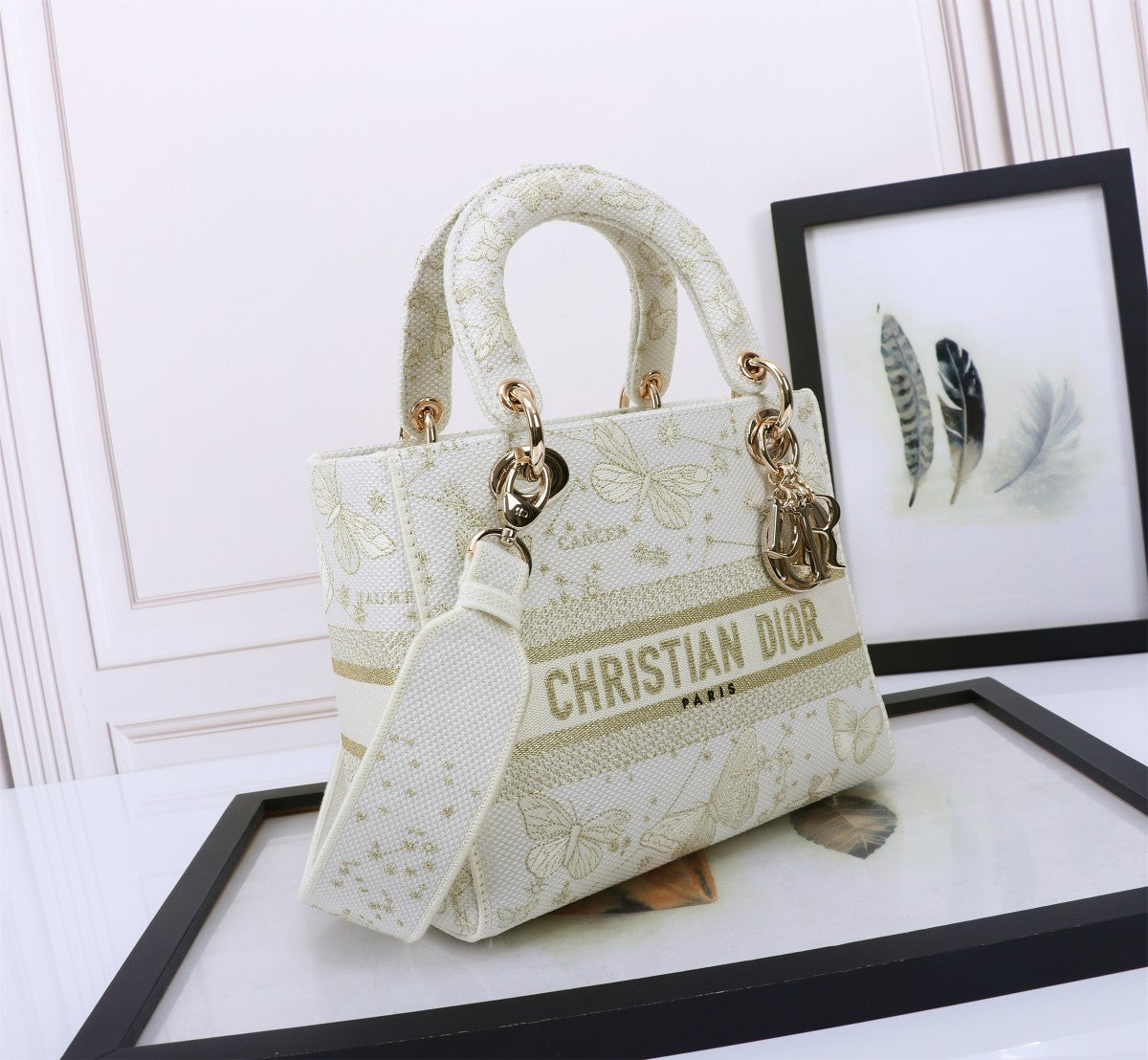 Christian Dior Medium Lady D-Lite Bag White Butterfly Embroidery