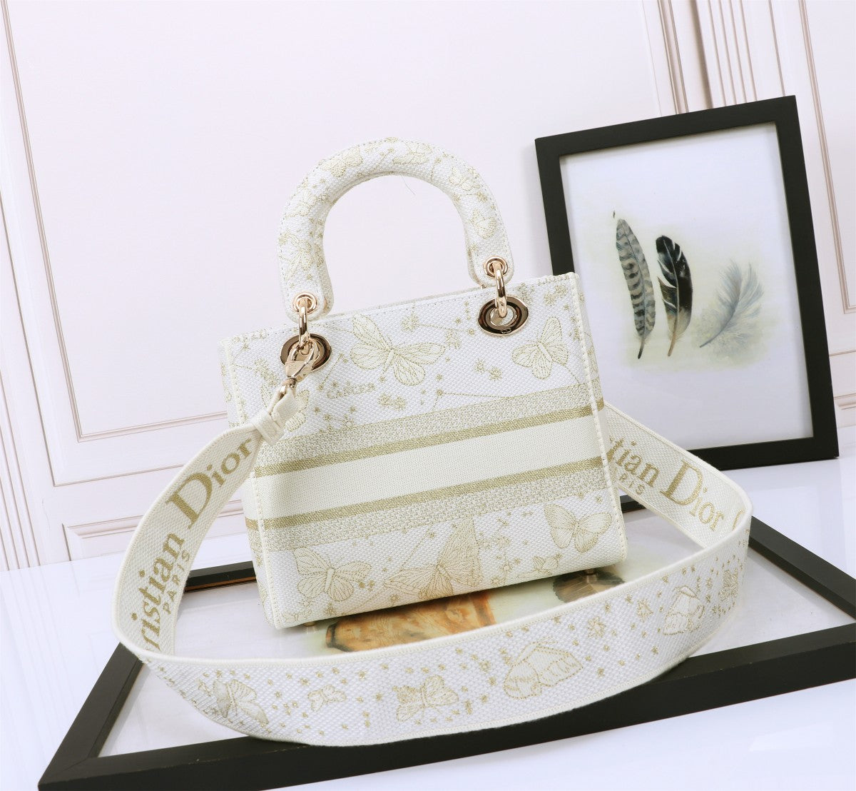 Christian Dior Lady D-Lite Bag White Butterfly Embroidery