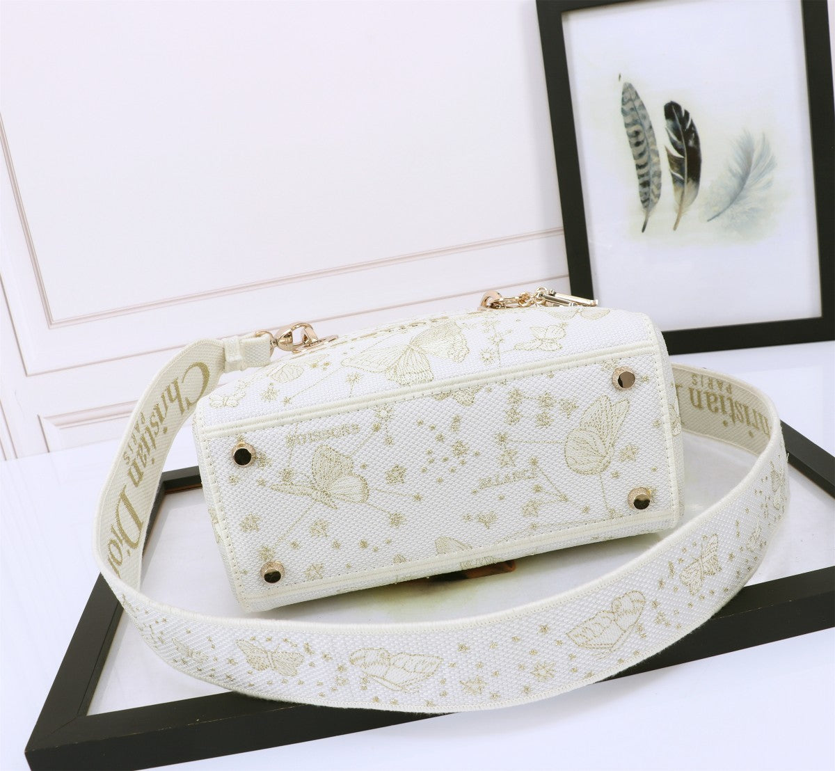 Christian Dior Medium Lady D-Lite Bag White Butterfly Embroidery