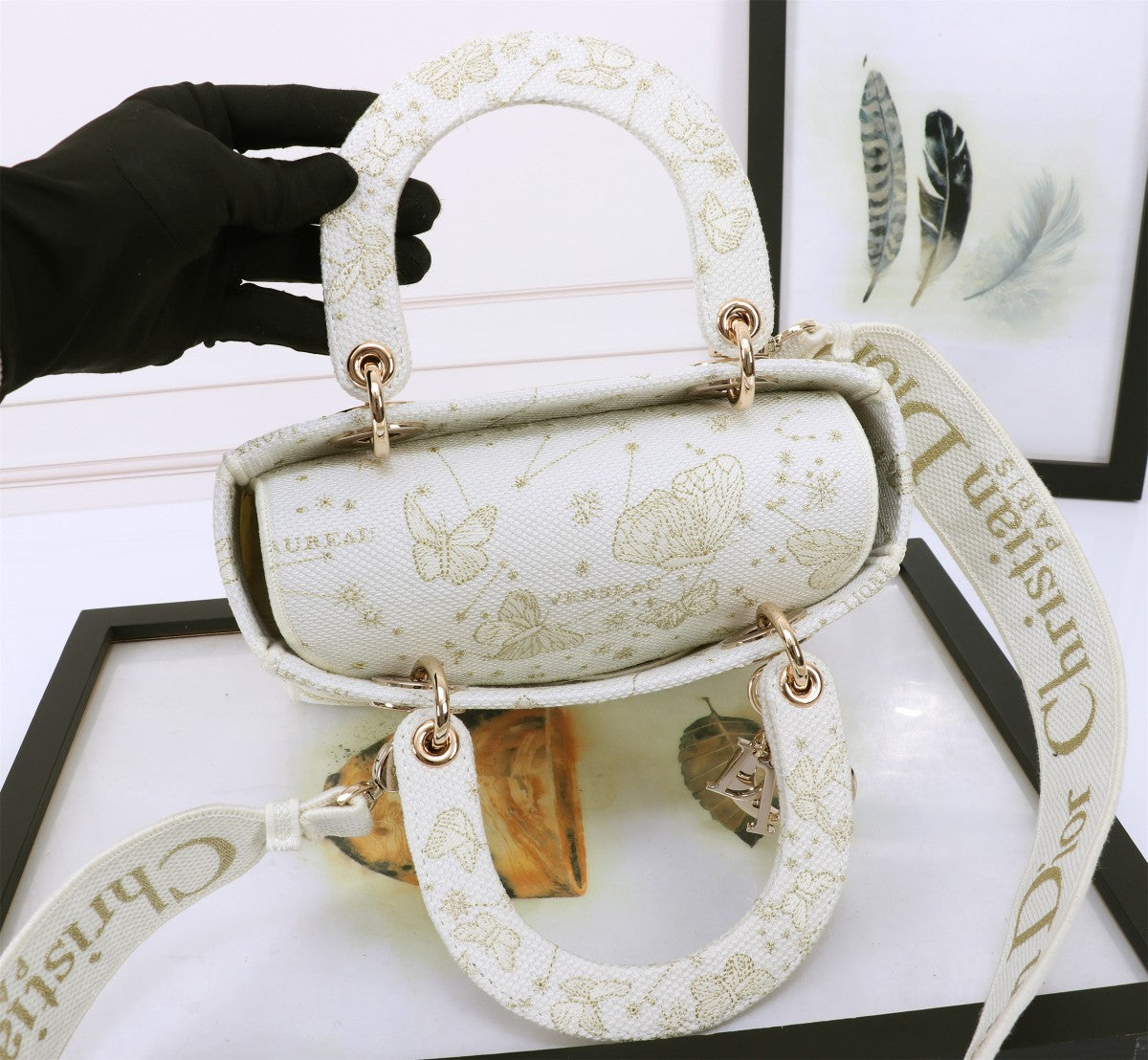 Lady Dior Style Embroidered Handbag - White with Gold Butterfly Pattern