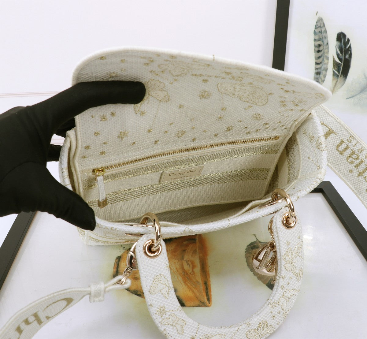 Lady Dior Style Embroidered Handbag - White with Gold Butterfly Pattern