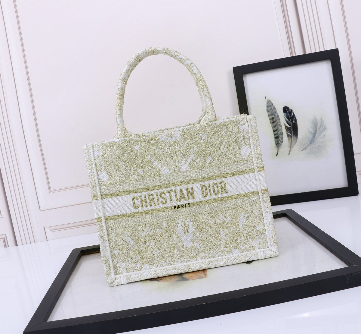 Christian Dior Medium Book Tote Toile de Jouy Embroidery Light Green Canvas Bag