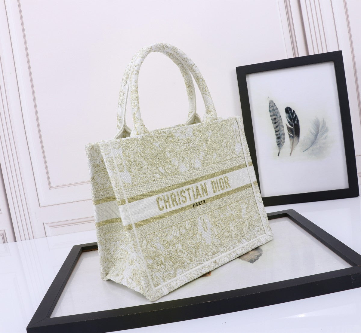 Christian Dior Medium Book Tote Toile de Jouy Embroidery Light Green Canvas Bag