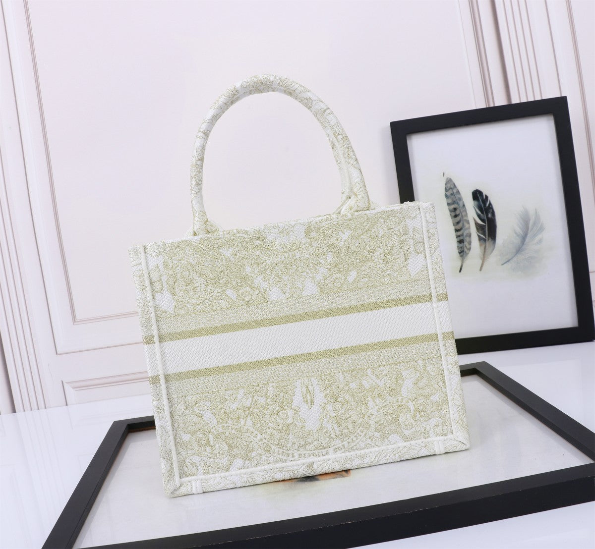 Christian Dior Medium Book Tote Toile de Jouy Embroidery Light Green Canvas Bag